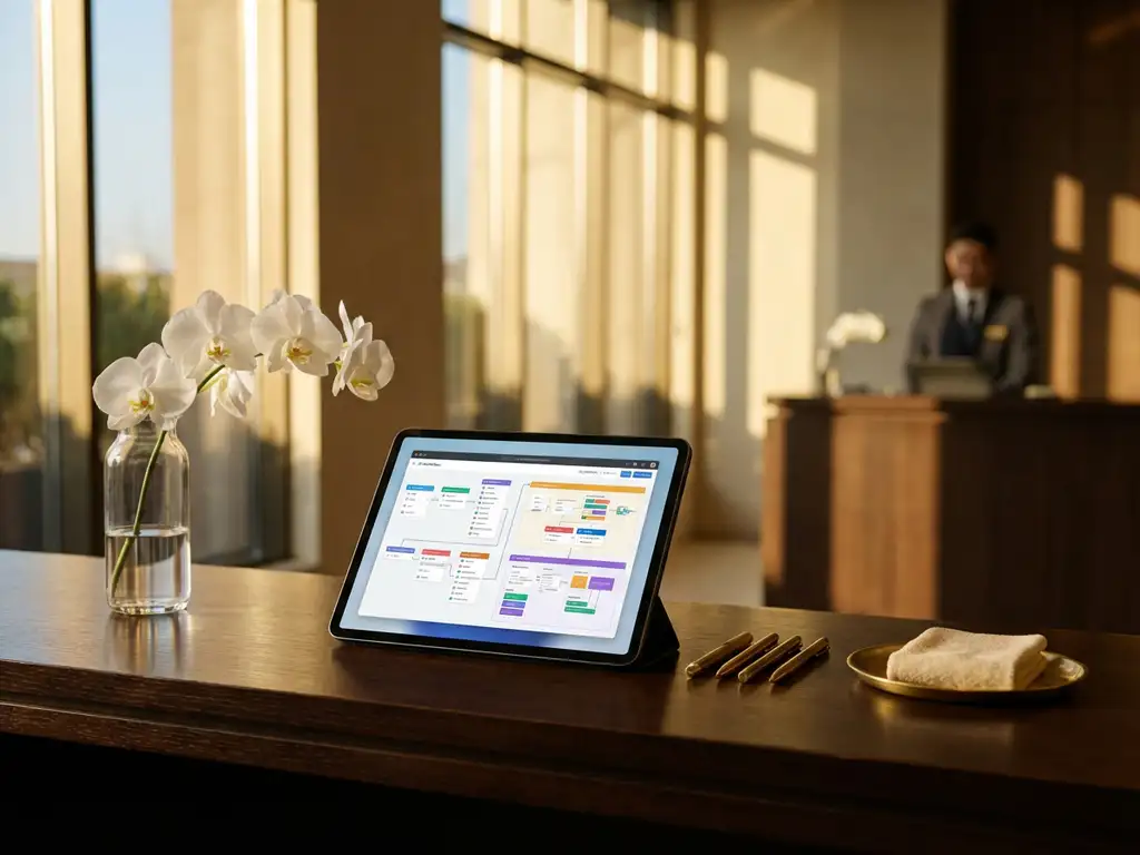 Tablet met AI-workflow diagrammen op glanzende hotelreceptiebalie naast witte orchideeën en messing gastenvoorzieningen