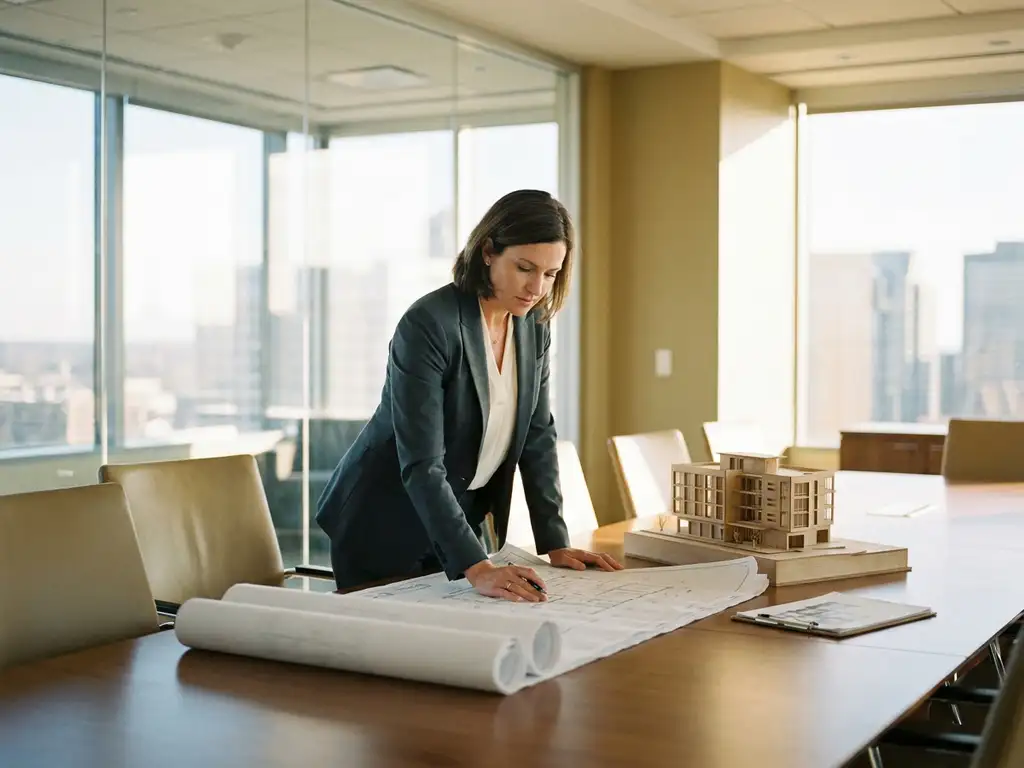 Architect in getailleerd blazer bestudeert plattegronden op vergadertafel met schaalmodel, moderne kantooromgeving met stadspanorama.