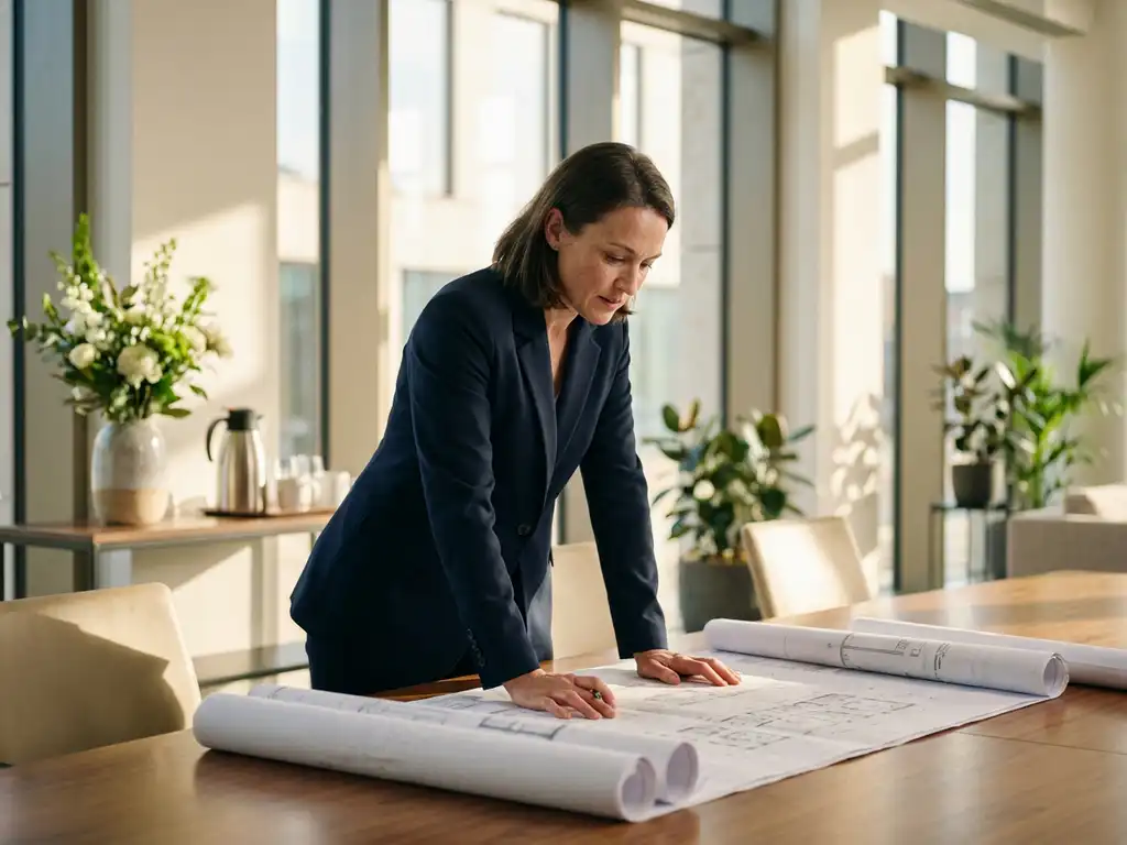 Professionele vrouw in marineblauw jasje bestudeert plattegronden aan conferentietafel in moderne kantoorontvangst