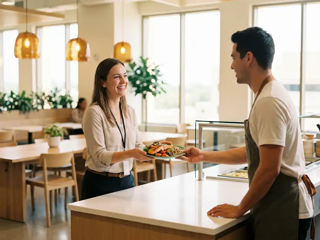Glimlachende medewerker ontvangt kleurrijke maaltijd van cateringmedewerker bij serveerloket in moderne bedrijfskantine.