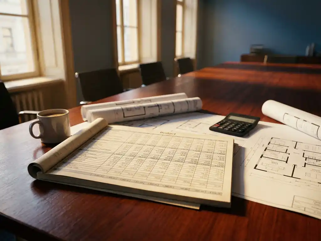 Gedetailleerde budgetspreadsheet op mahonie vergadertafel met architecturale blauwdrukken, rekenmachine en koffiekop