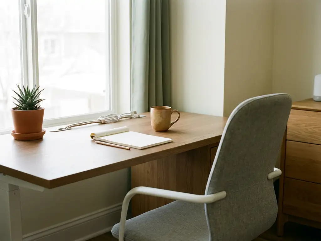 Ergonomisch ingericht bureau met keramische koffiemok, notitieboek en potplant in warm ivoor- en saliegroen interieur.