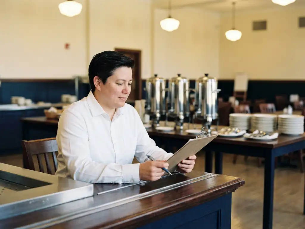 Cateringmanager in wit overhemd bekijkt overdrachtsformulier aan institutionele eettafel, koffiekannen en gedekte tafels op de achtergrond.