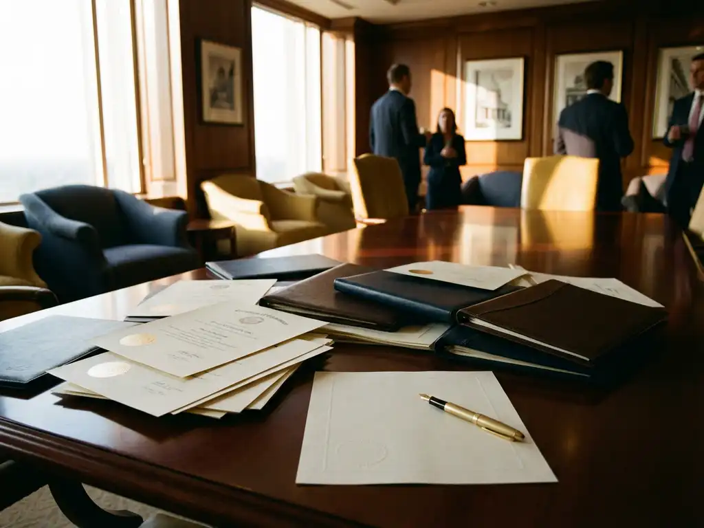 Stapel officiële certificeringsdocumenten en leren portfolio's op gepolijste mahoniehout vergadertafel met gouden vulpen