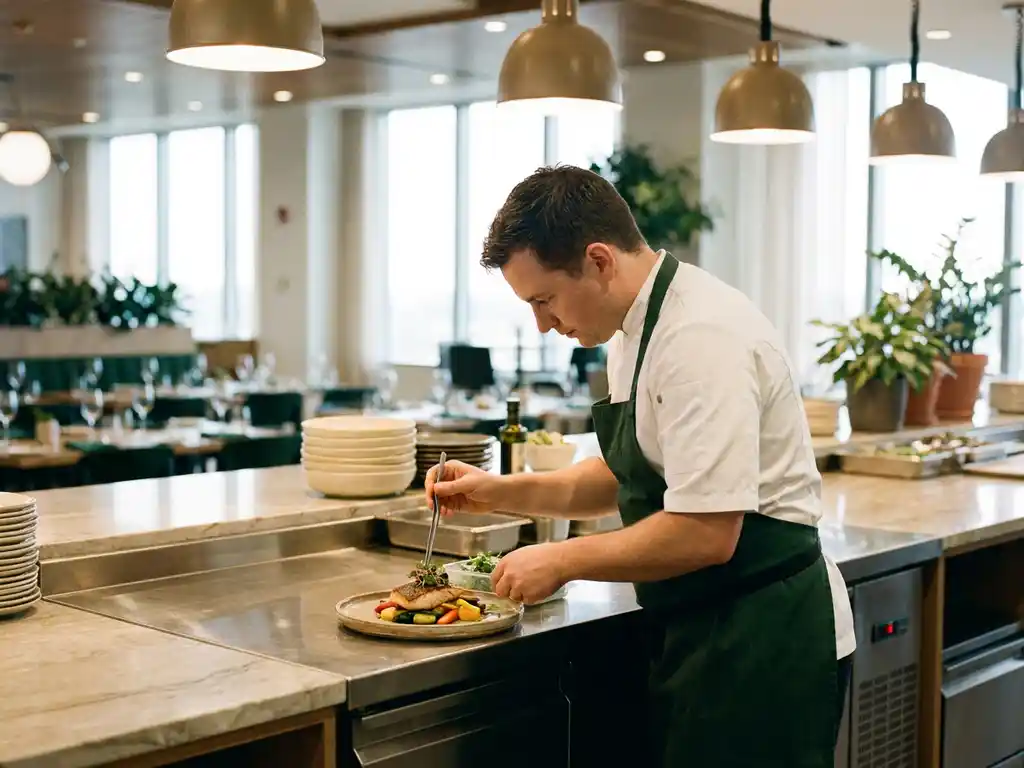 Chef in witte kokskleding die een elegant lunchgerecht opmaakt aan een roestvrijstalen pass in een modern bedrijfsrestaurant.