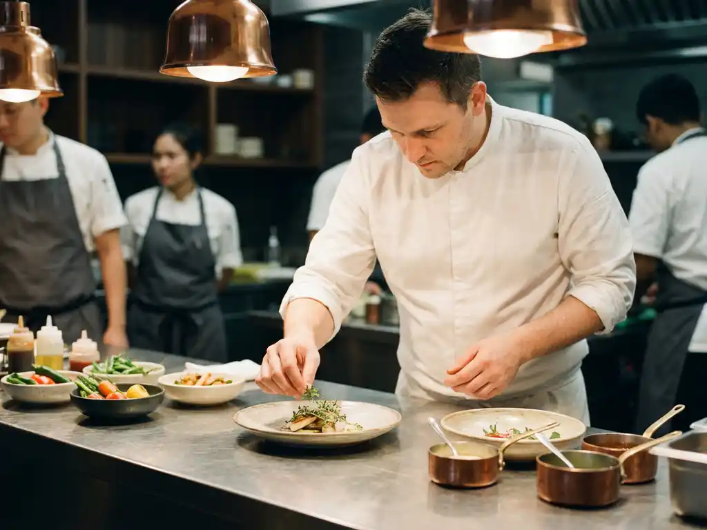 Chef in wit uniform schikt elegant opgemaakte borden op roestvrijstalen toonbank in moderne bedrijfsrestaurantkeuken.