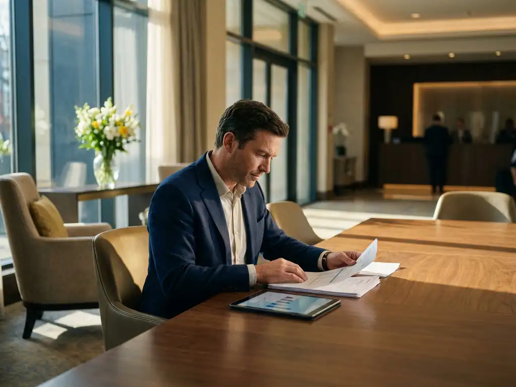 Professionele consultant in marineblauw jasje bestudeert serviceplannen aan gepolijste conferentietafel in luxe hotellobby