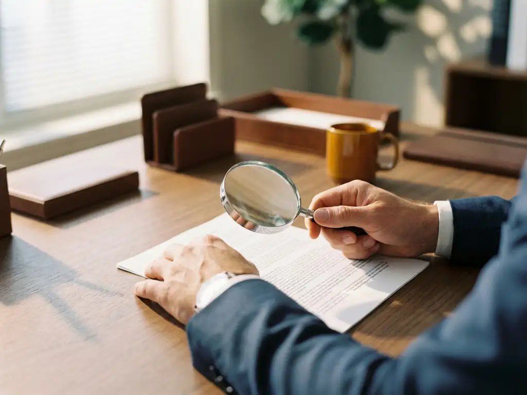 Zakenmanhanden onderzoeken contract met vergrootglas op houten bureau, warme verlichting toont kleine lettertjes