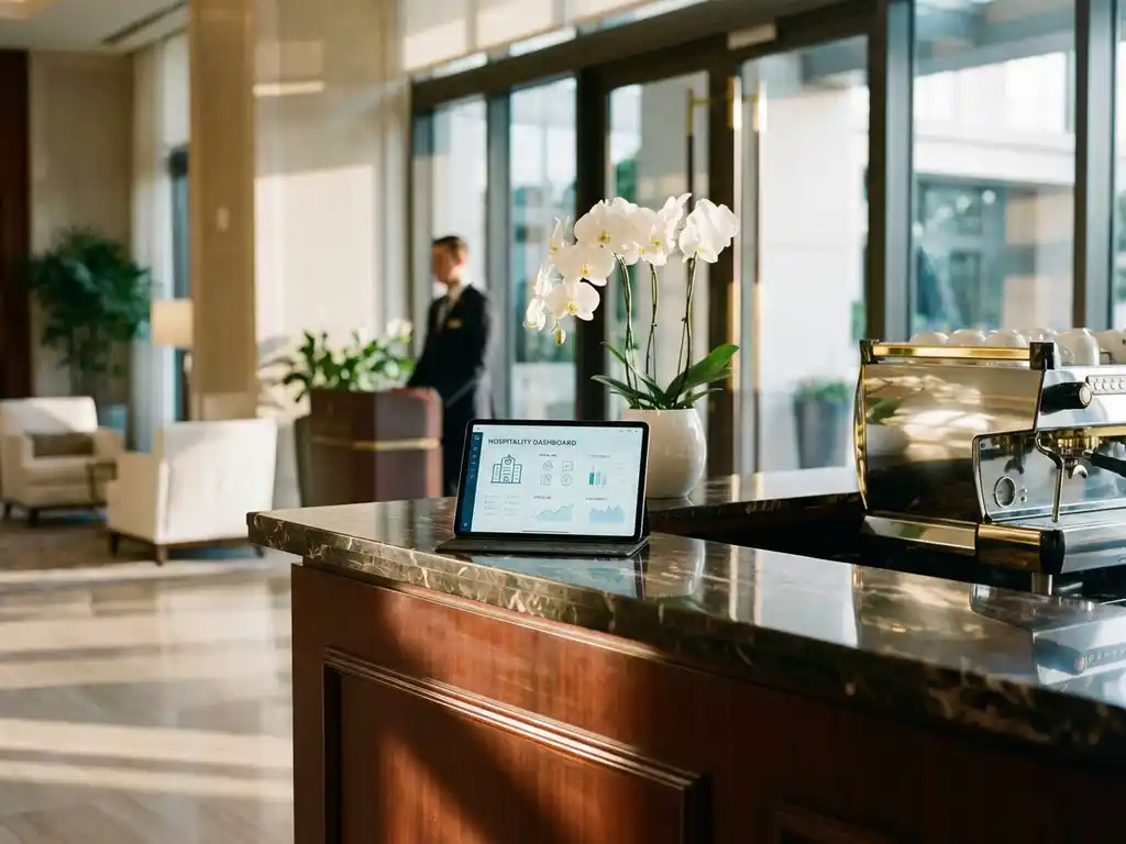 Tablet met digitaal dashboard op marmeren receptiebalie naast witte orchideeën en koffiemachine in luxe hotellobby