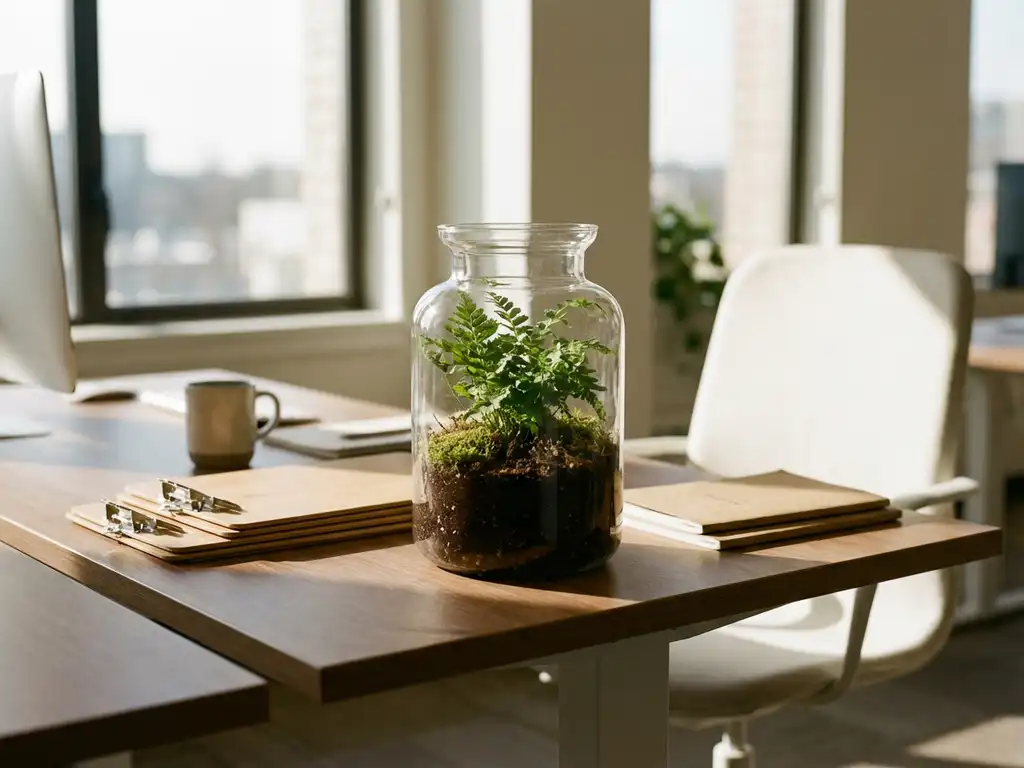 Groene plant in glazen terrarium op modern kantoorbureau met duurzame beheertools en bamboe klemborden