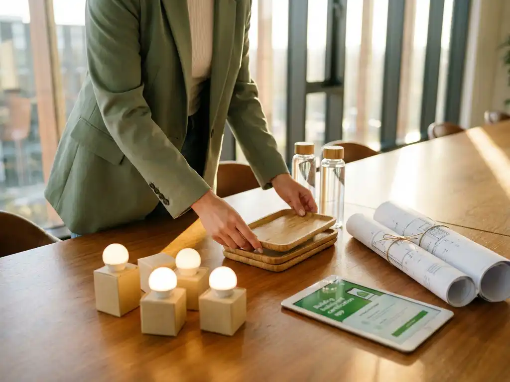 Projectmanager arrangeert duurzame horecaelementen op houten vergadertafel: bamboe dienbladen, herbruikbare glazen flessen en LED-monsters