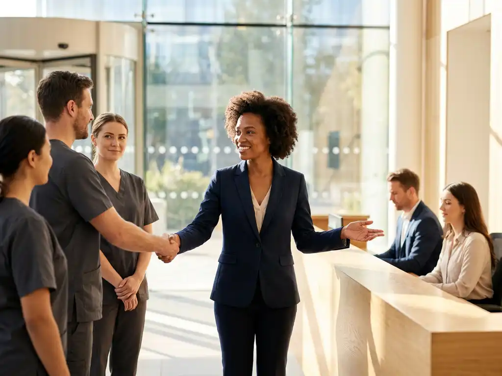 Professionele vrouw in marineblauw jasje begeleidt faciliteitsteam en receptiemedewerkers in moderne kantoorlobby