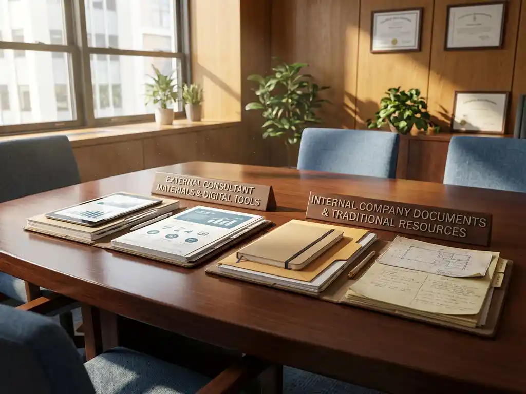 Houten vergadertafel met twee projectmappen, één met externe consultant materialen en één met interne bedrijfsdocumenten, natuurlijk licht door ramen