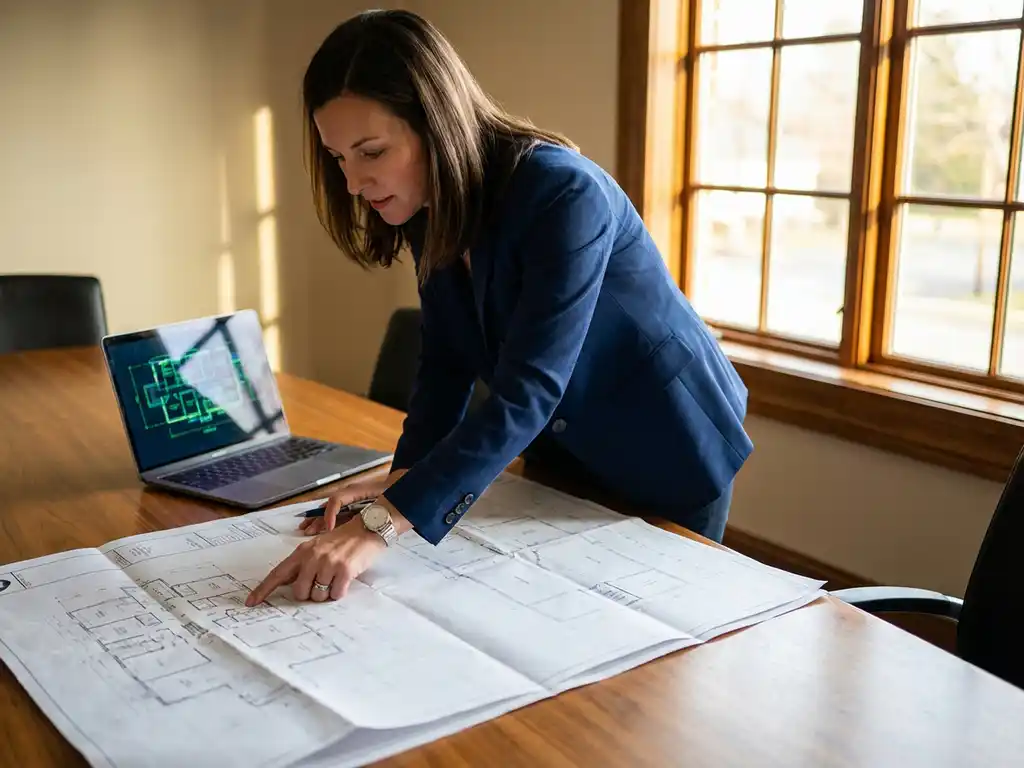 Professionele vrouw in marineblauw jasje bestudeert faciliteitsbeheer blauwdrukken op conferentietafel met laptop die gebouwschema's toont