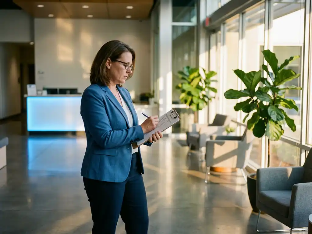 Professionele facilitair manager controleert checklist op klembord in moderne kantoorlobby met gereflecteerd natuurlijk licht