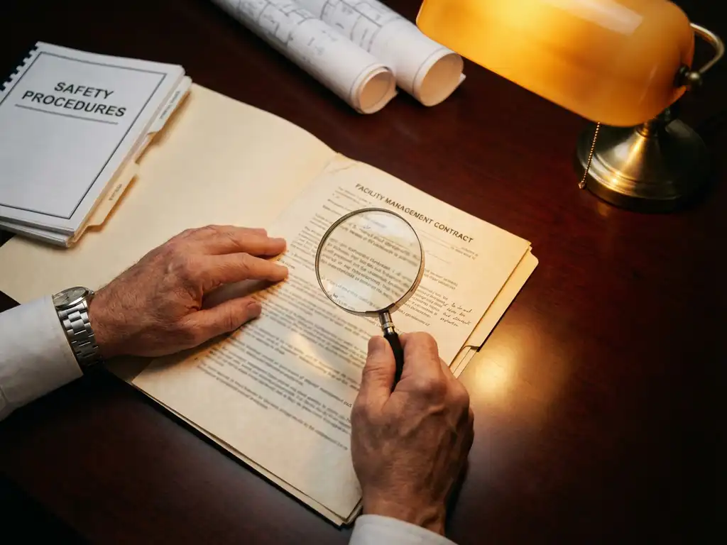 Zakenman onderzoekt faciliteitsmanagementcontract met vergrootglas op mahonie tafel met bouwplannen en veiligheidsdocumenten
