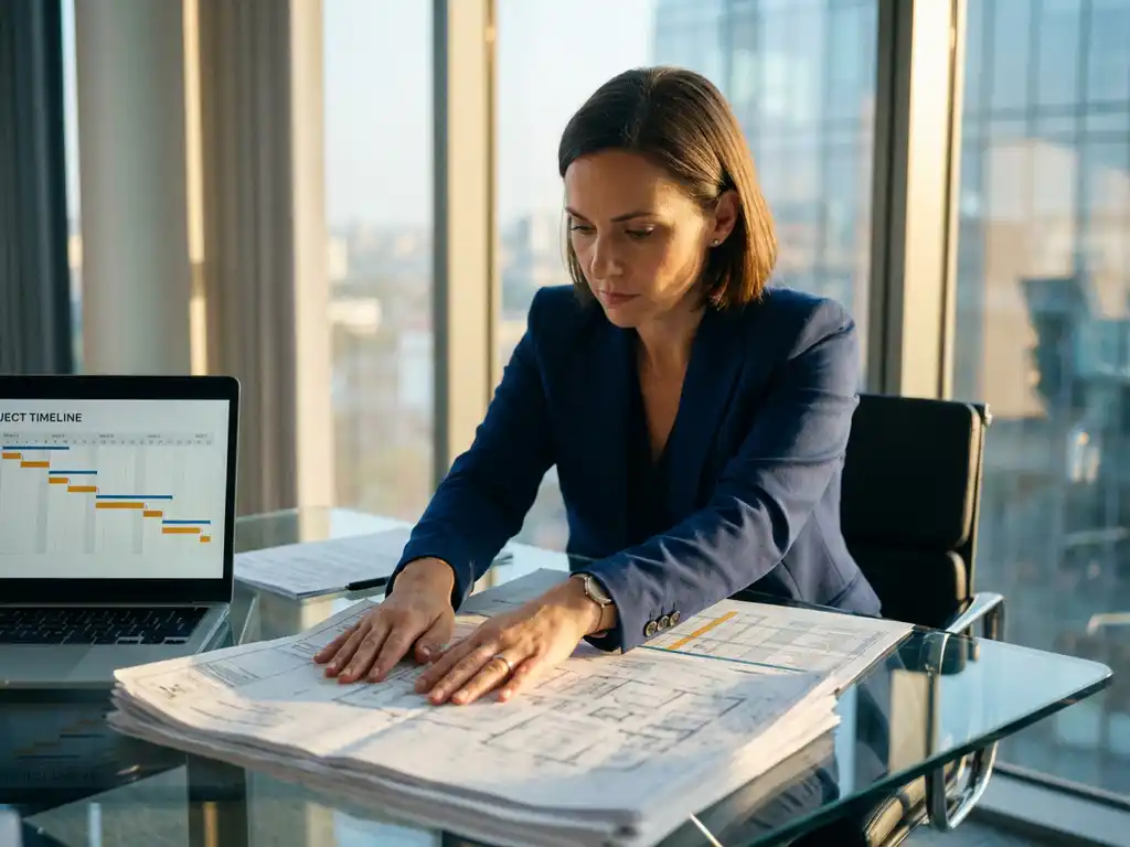 Professionele zakenvrouw in marineblauw jasje bestudeert faciliteitenbeheer documenten aan glazen vergadertafel met laptop