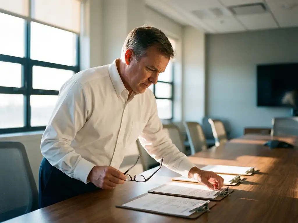 Faciliteitmanager in wit overhemd bestudeert drie klemborden met evaluatieformulieren op gepolijste vergadertafel