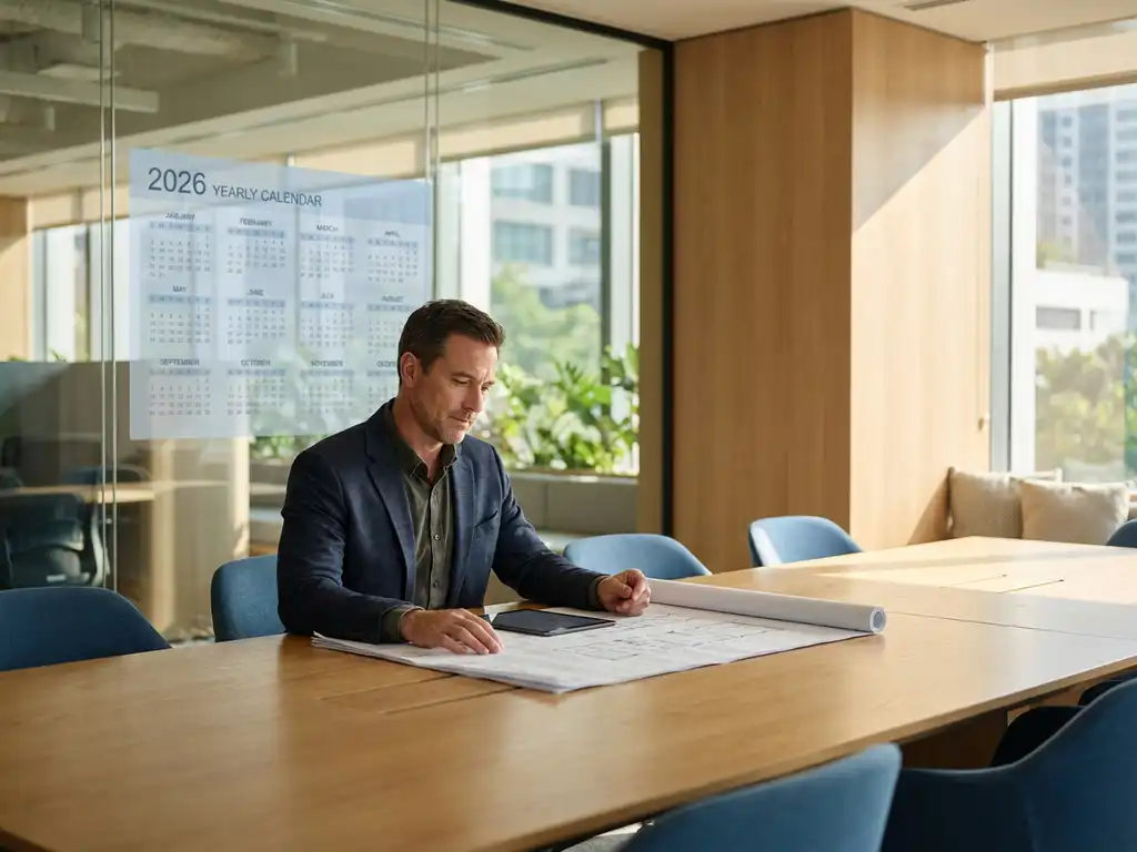 Professionele facility manager bestudeert bouwkundige tekeningen aan houten tafel in moderne vergaderruimte met glazen wand