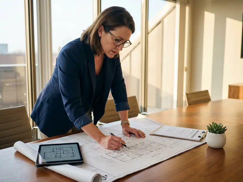 Faciliteitmanager in marineblauw jasje bestudeert bouwplannen aan vergadertafel met tablet, klembord en plant