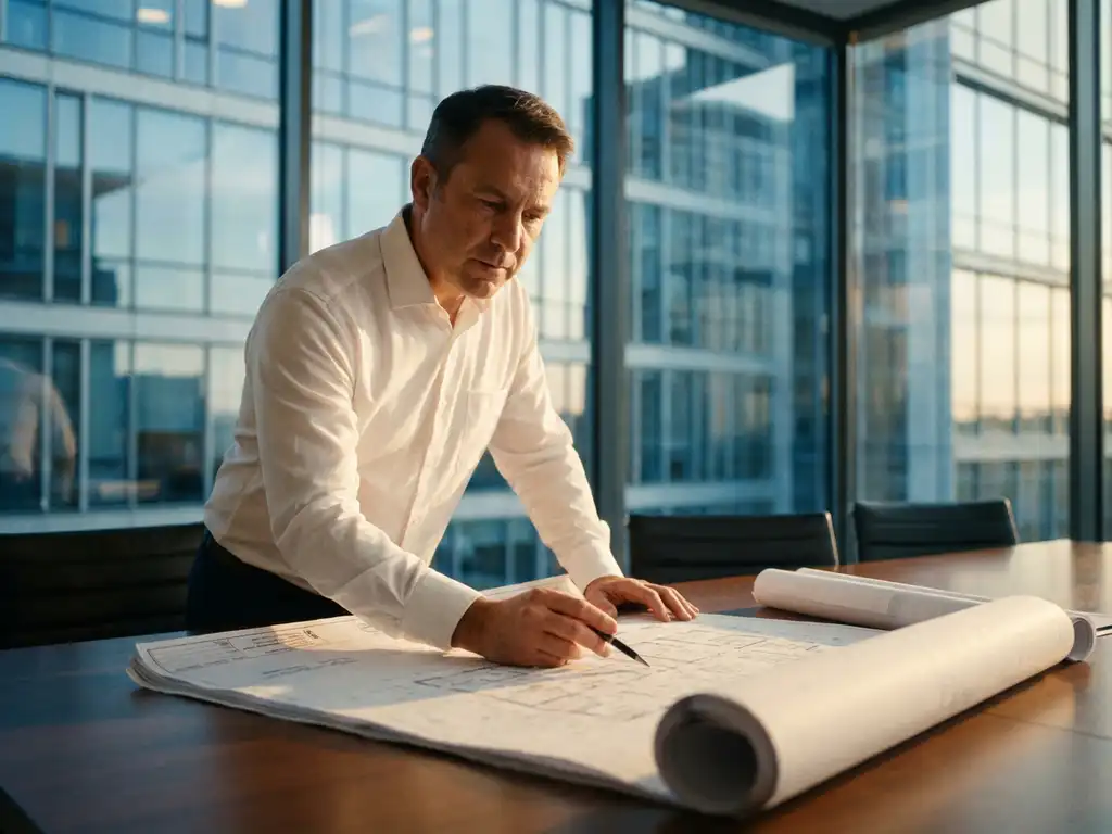 Faciliteitenbeheerder in wit overhemd bestudeert architecturale blauwdrukken op conferentietafel in modern kantoor