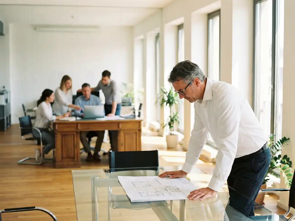 Facilitair manager in wit overhemd bestudeert documenten aan glazen vergadertafel terwijl interne medewerkers samenwerken aan houten bureau in moderne kantooromgeving