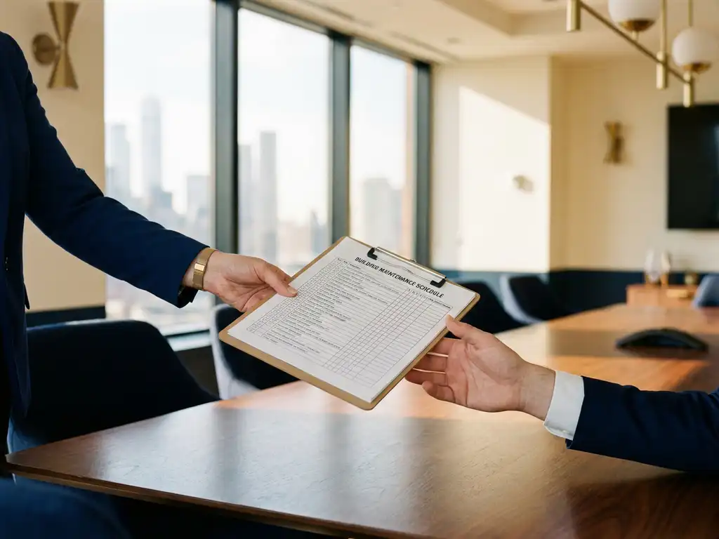 Professionele faciliteitbeheerders overhandigen onderhoudscontrolelijst aan conferentietafel in modern kantoor