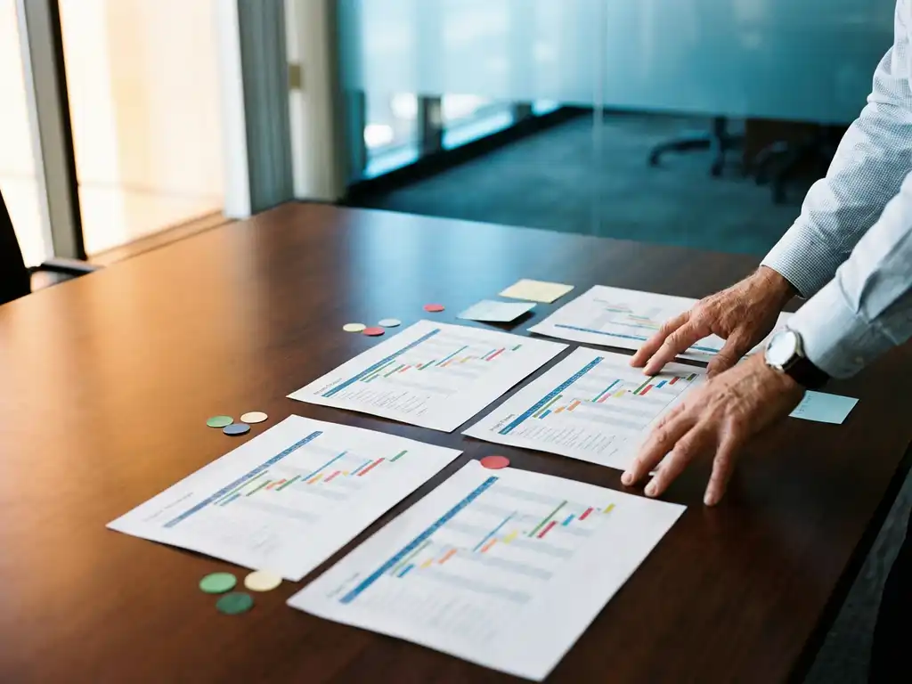 Faciliteitmanager bestudeert projectgrafieken en tijdlijnen op houten conferentietafel met kleurrijke voortgangsindicatoren