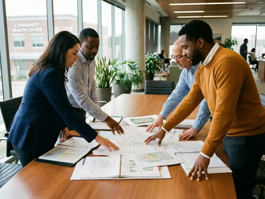 Diverse faciliteitmanagement professionals werken samen rond conferentietafel met blauwdrukken en plattegronden in zorgfaciliteit