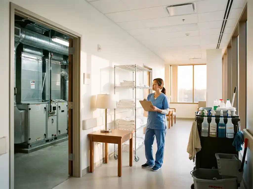 Faciliteitmanager in medische kleding organiseert technische apparatuur, schoonmaakbenodigdheden en patiëntlinnen in moderne zorgfaciliteit