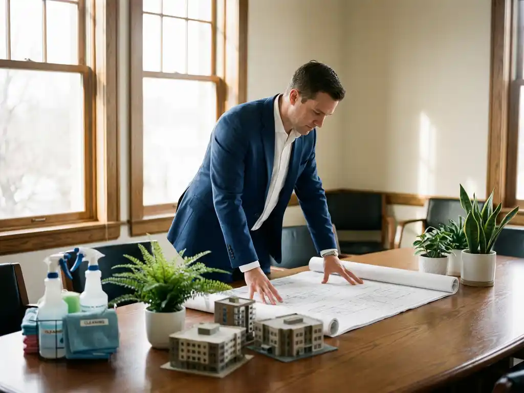 Professionele faciliteitsbeheerder in pak bestudeert bouwplannen aan conferentietafel met miniatuurgebouwen en kantoorplanten