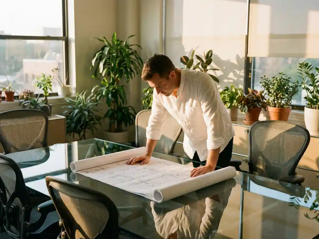 Facility manager in wit overhemd bestudeert blauwdrukken aan glazen vergadertafel met kantoorplanten en ergonomische stoelen