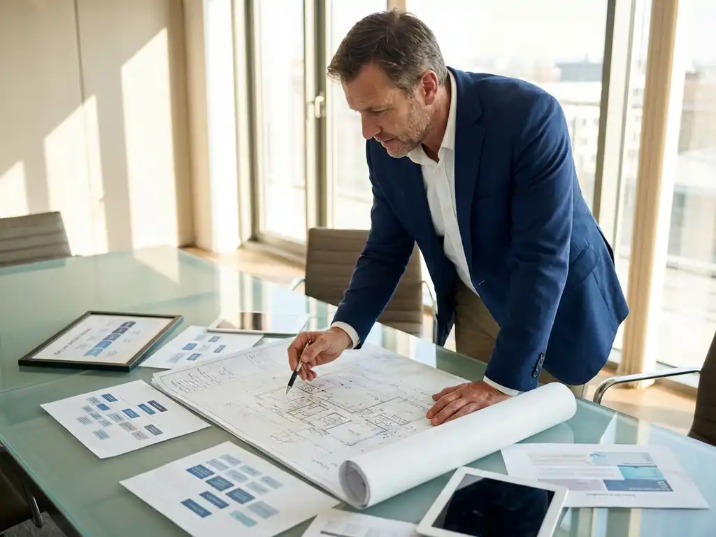 Professionele faciliteitmanager in marineblauw jasje bestudeert blauwdrukken aan glazen vergadertafel met organogrammen en tijdlijnen