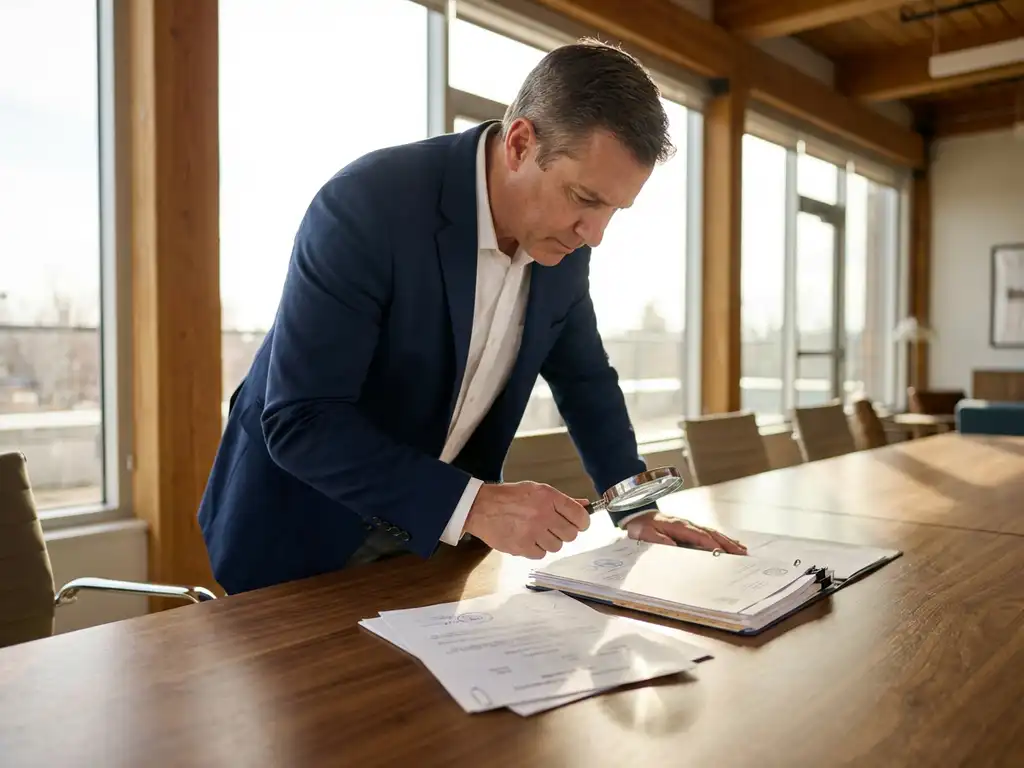 Professionele faciliteitenbeheerder in marineblauw jasje onderzoekt certificeringsdocumenten met vergrootglas aan houten vergadertafel
