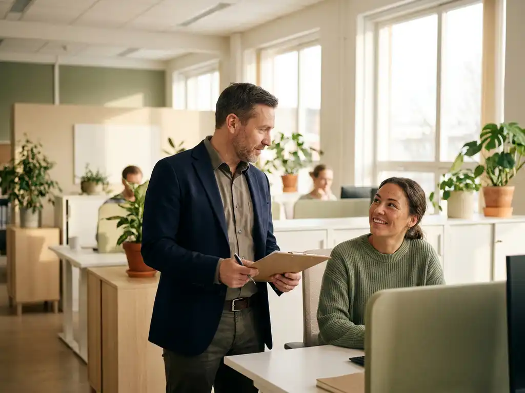 Facilitair manager met klembord observeert glimlachende medewerker aan bureau in licht modern kantoor met natuurlijke raamverlichting.