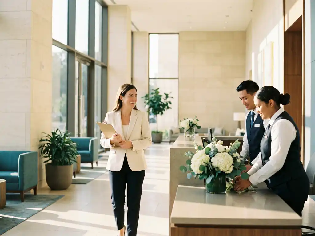 Facilitair manager met klembord loopt door moderne hotellobby terwijl personeel de receptie voorbereidt met verse bloemen.