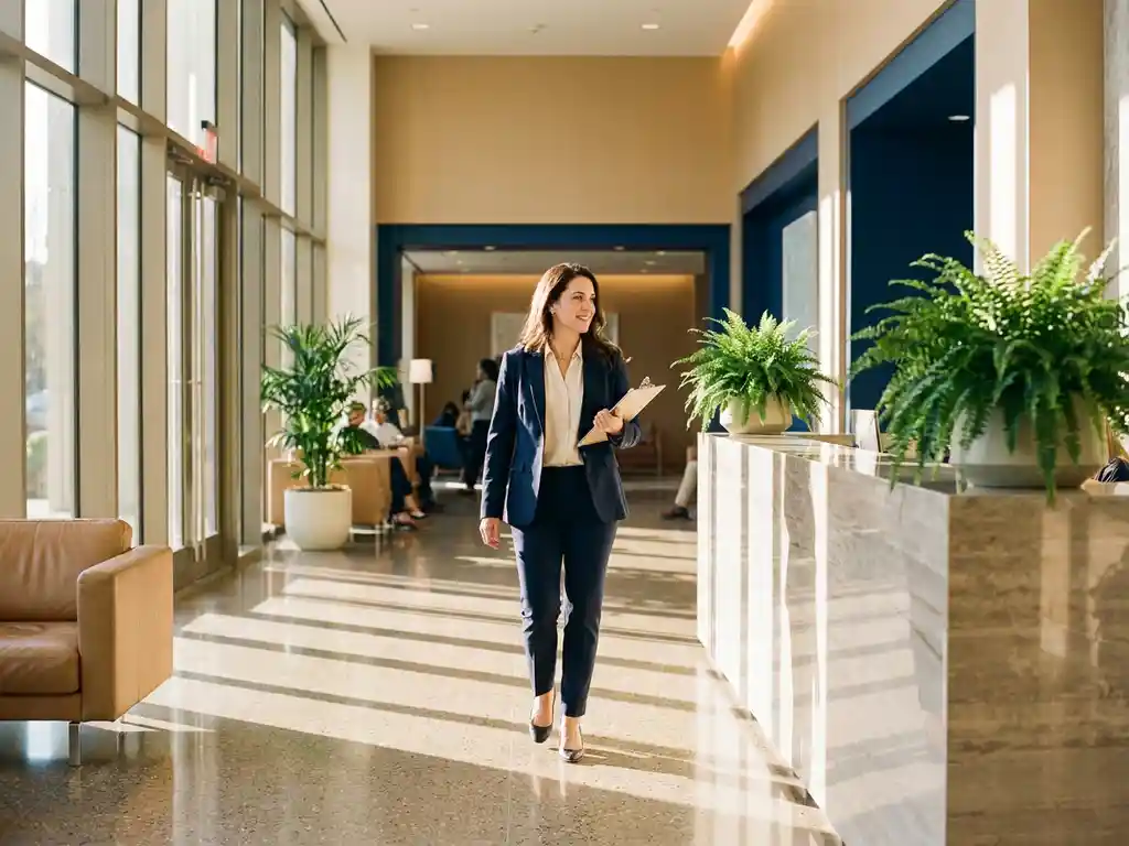 Facilitair manager met klembord in moderne kantoorlobby met glanzende vloeren, kamerplanten en groot raam in middaglicht.