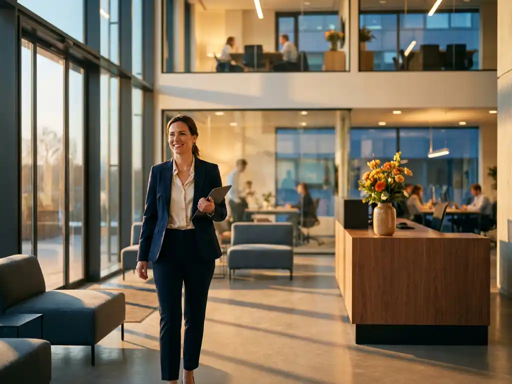 Facilitymanager in zakelijk pak loopt door moderne, zonnige kantoorlobby met glazen wanden en receptiebalie met bloemen.