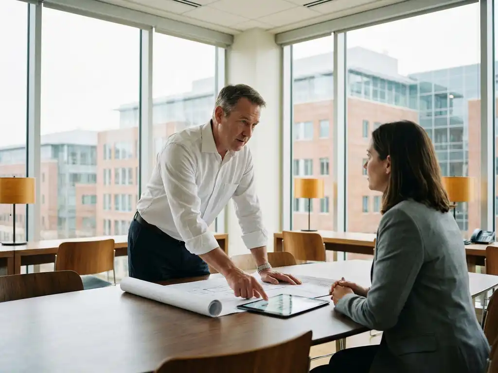 Professionele faciliteitmanager in wit overhemd bespreekt blauwdrukken en digitale plattegronden met collega aan conferentietafel