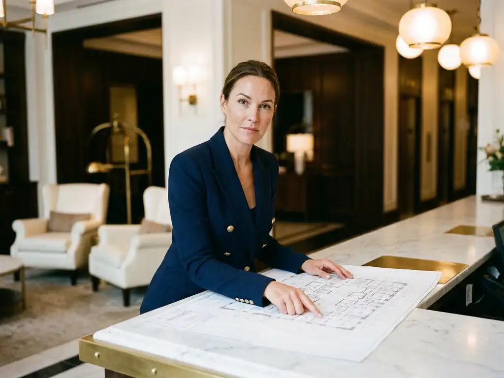 Facilitair manager in blazer bestudeert plattegrond op moderne receptiebalie in stijlvolle hotellobby met warm gouden licht.