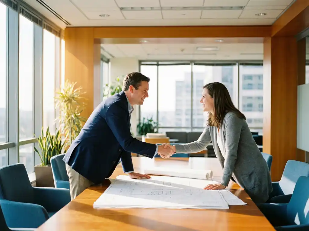 Facility manager in marineblauw jasje bespreekt plattegronden met klant aan vergadertafel in modern kantoor