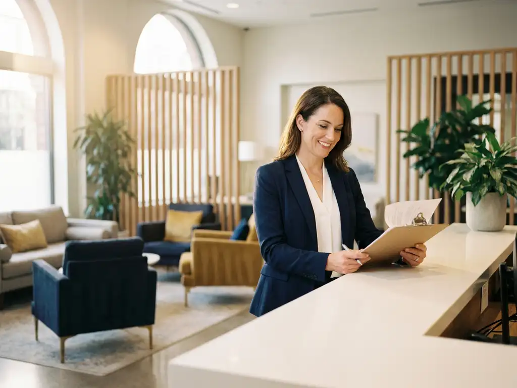 Facilitair manager in zakelijk pak bekijkt documenten aan een moderne receptiebalie in een stijlvolle hospitalityomgeving.