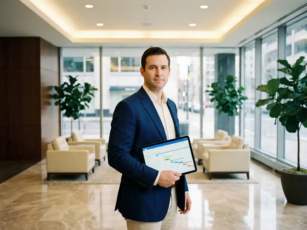 Professionele gebouwbeheerder in marineblauw jasje bekijkt onderhoudsschema's op tablet in elegante bedrijfslobby