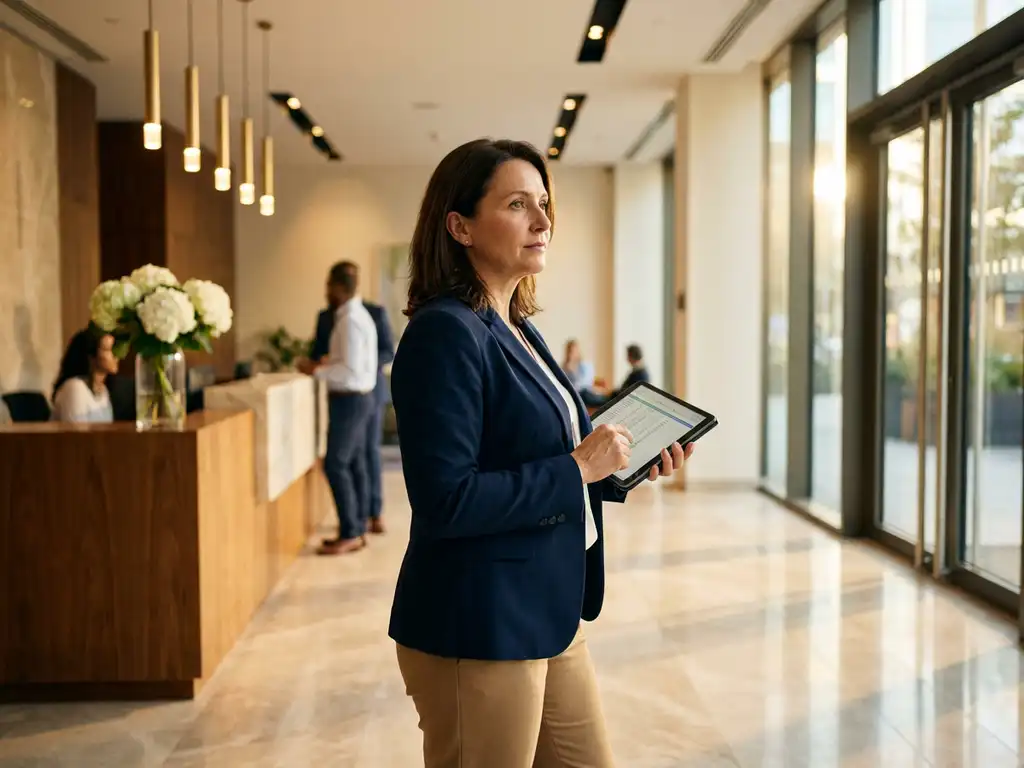 Faciliteitmanager in marineblauw jasje bekijkt onderhoudsschema's op tablet in moderne kantoorlobby met marmeren vloeren