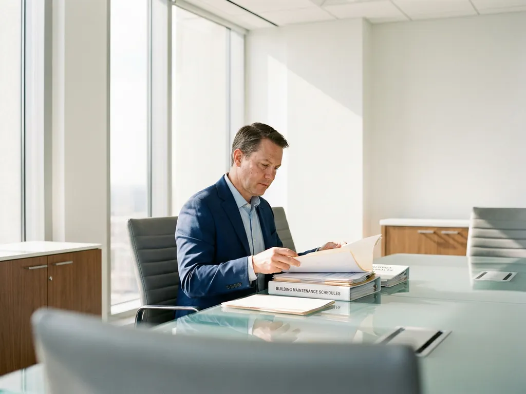 Professionele faciliteitmanager in donkerblauw pak organiseert documenten aan glazen vergadertafel in modern kantoor