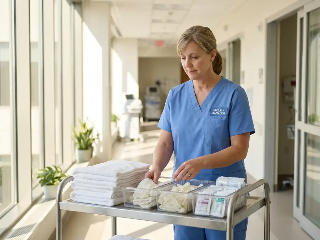 Professionele faciliteitbeheerder in zorgkleding ordent verse linnen en medische benodigdheden op ziekenhuiskar in moderne zorgcorridor