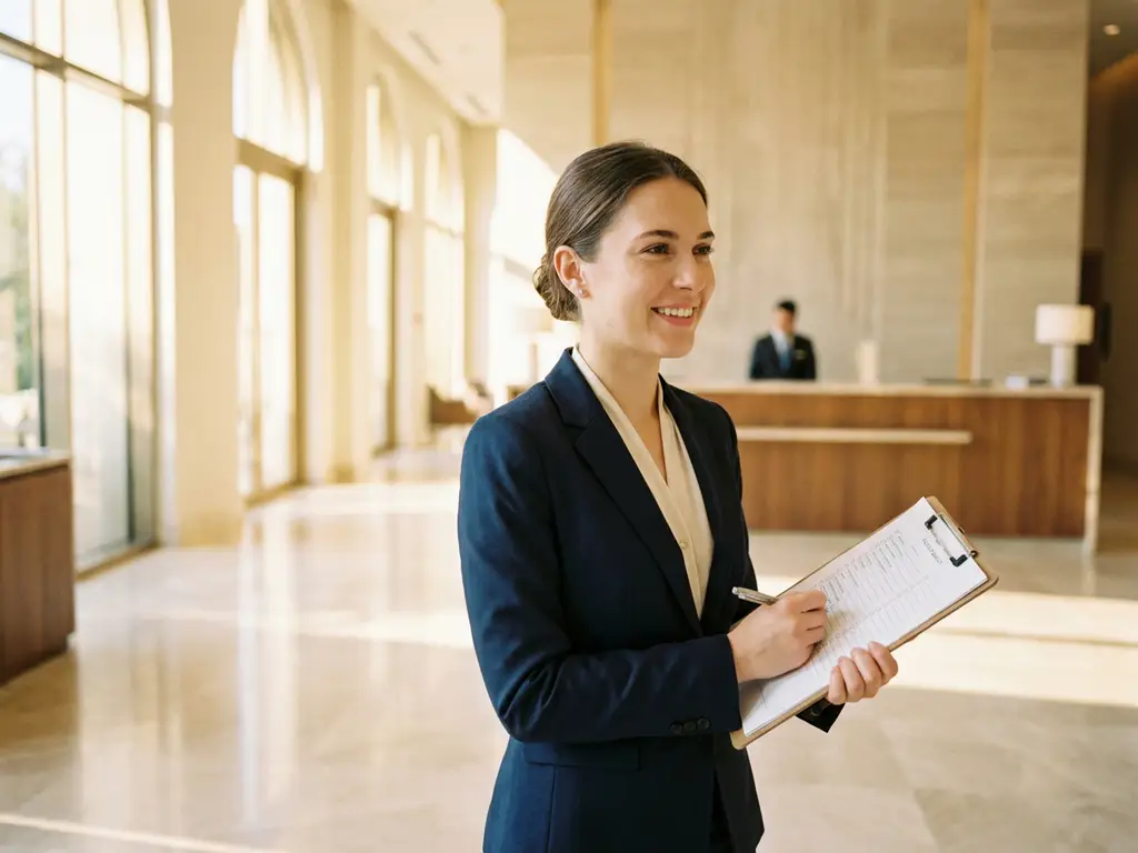 Jonge professional in blazer controleert facilitair beheerchecklist op klembord in moderne hotellobby met receptie op achtergrond.
