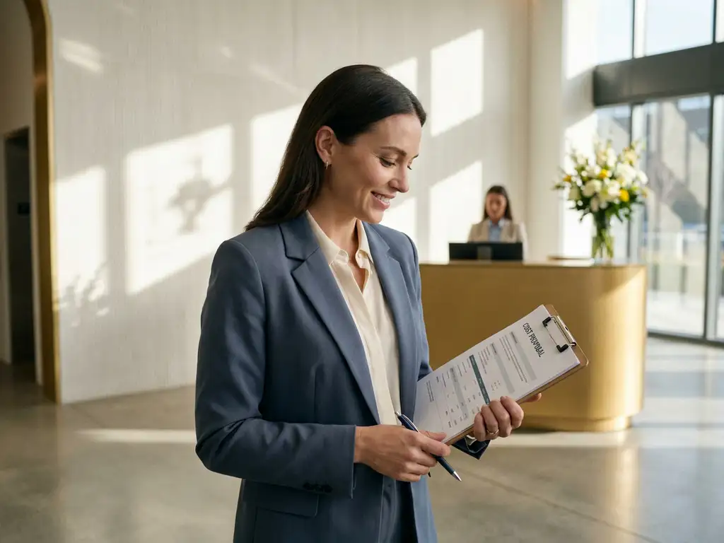 Facilitair manager bekijkt kostenvoorstel op klembord in moderne bedrijfsreceptie met bloemen en balie op achtergrond.