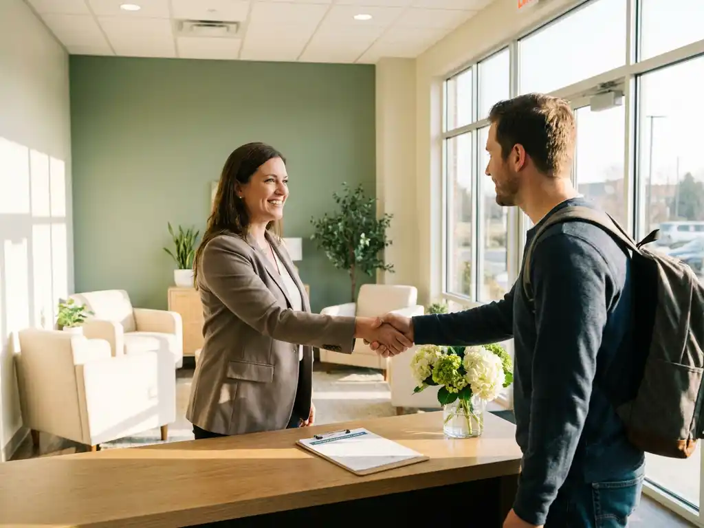 Facilitair manager verwelkomt bezoeker bij moderne receptiebalie met tevredenheidsformulier, verse bloemen en warm natuurlijk licht.