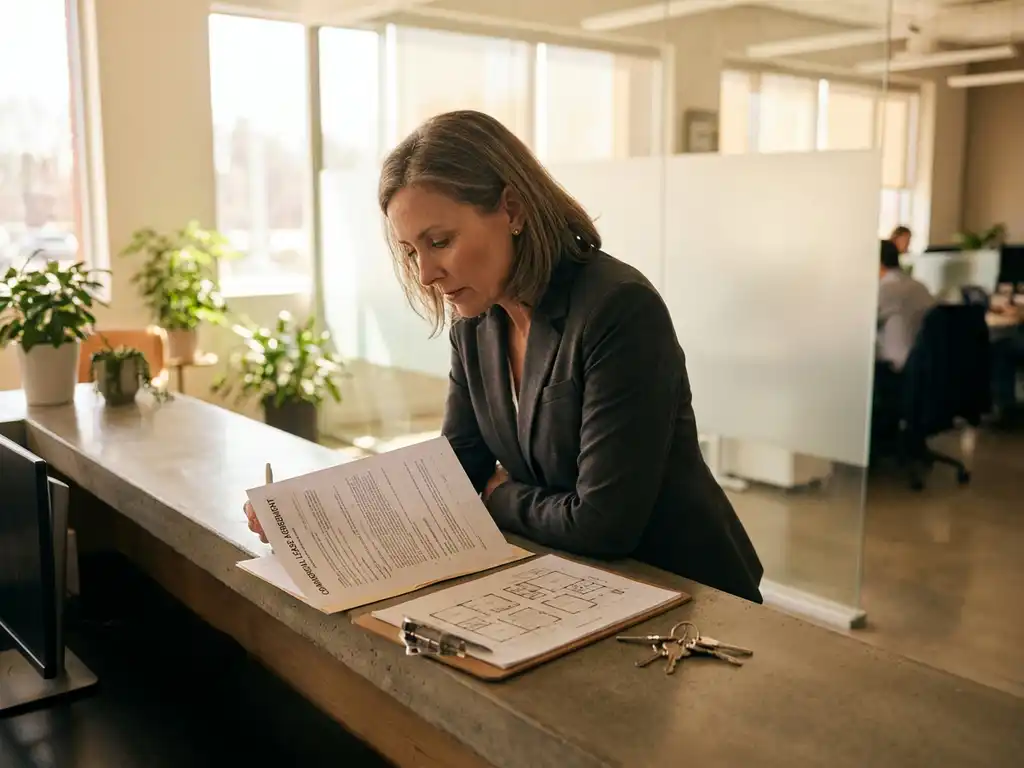 Facilitair manager in blazer bekijkt commercieel huurcontract aan moderne receptiebalie met sleutels en plattegronden.